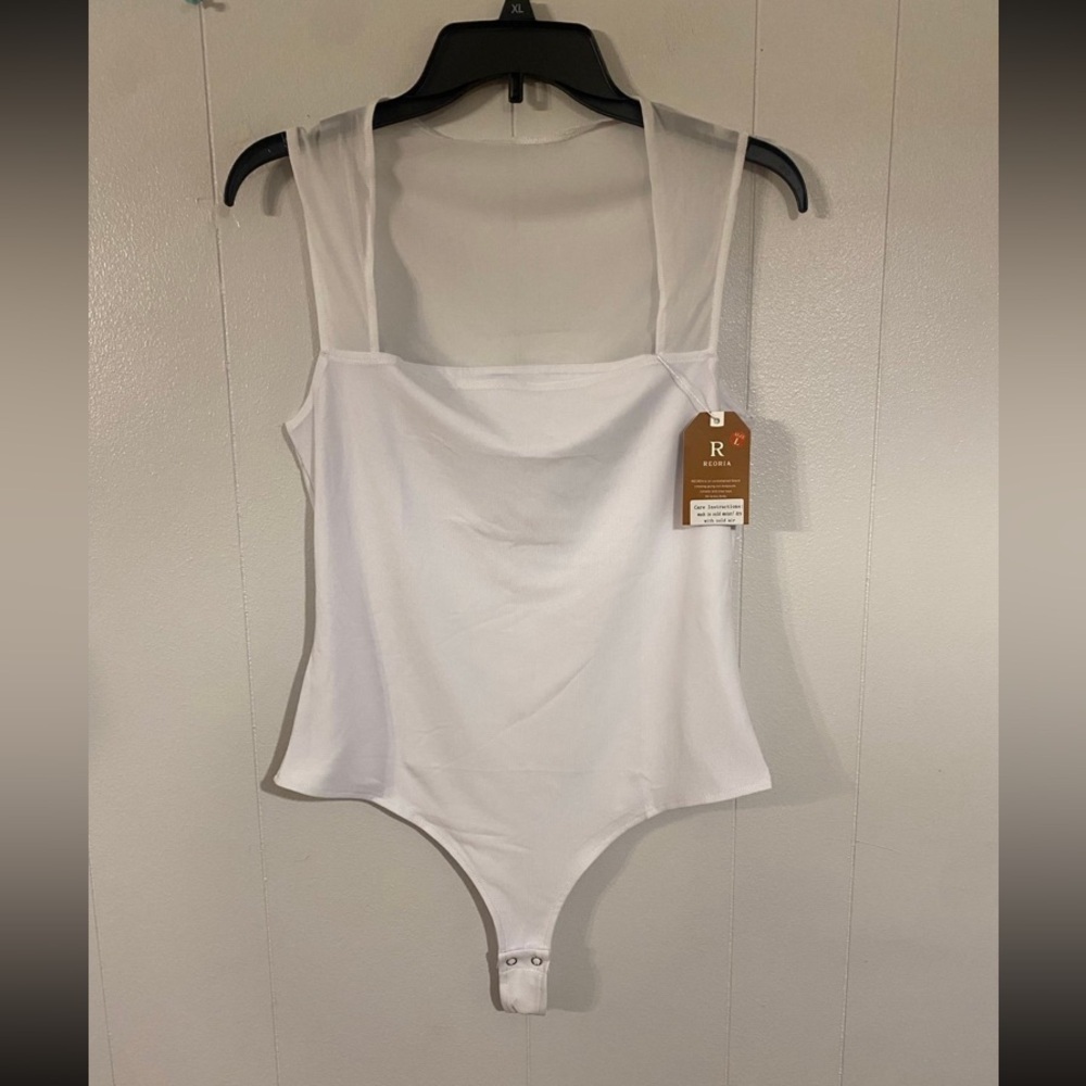 REORIA Women’s Sexy Square Neck Mesh Sheer Double Lined Thong Bodysuit NWT L - Picture 6 of 9